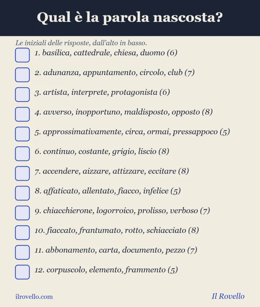 Acrostico: indovina la parola formata dalle iniziali delle risposte