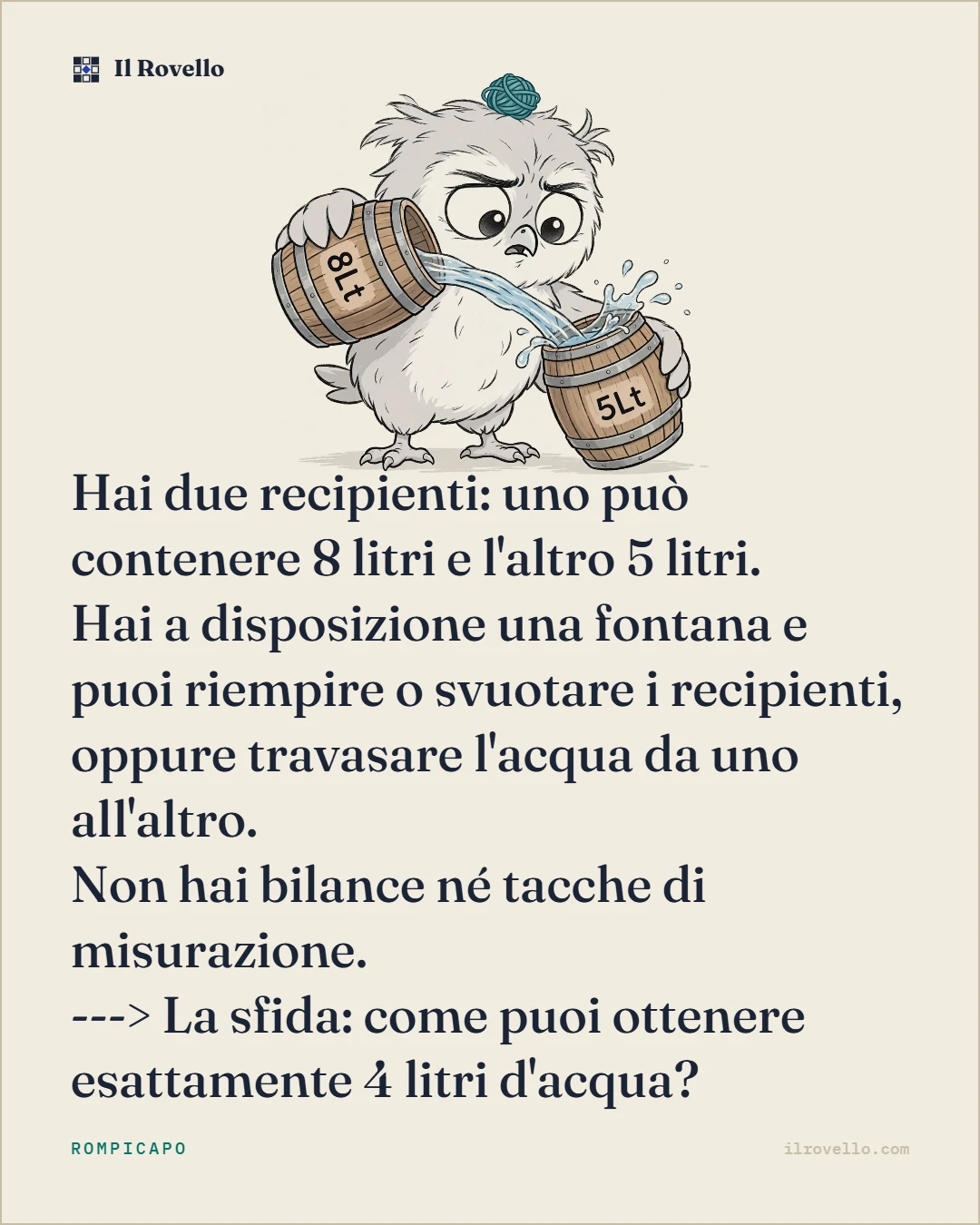 Il rompicapo dei barili Rovello cerca di risolverlo