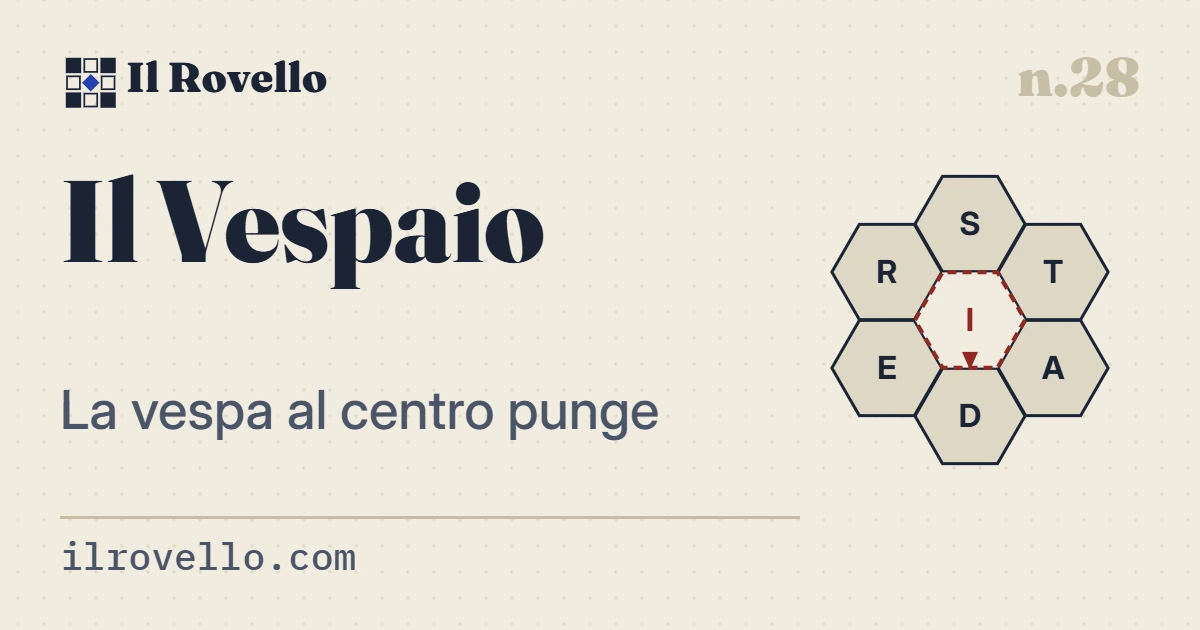 «Il Vespaio» de Il Rovello: un alveare di sette lettere, sei petali e una vespa al centro. Gioco di parole quotidiano in italiano.