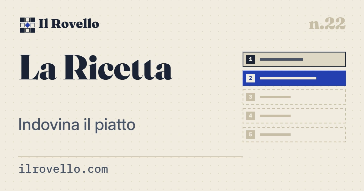 «La Ricetta», gioco n.22 de Il Rovello: Un piatto della tradizione italiana da indovinare dagli ingredienti, che arrivano uno alla volta: meno ne usi, meglio è.