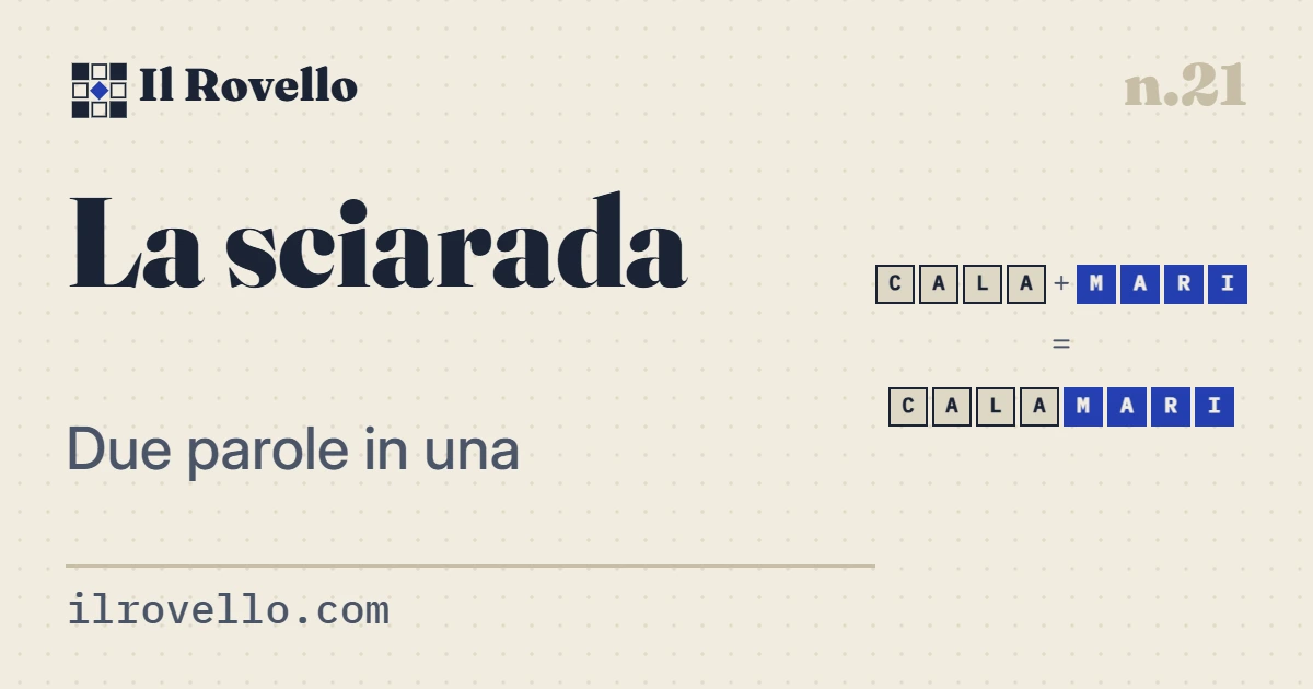 «La sciarada», gioco n.21 de Il Rovello: Due parole che, attaccate, ne fanno una terza: CALA + MARI = CALAMARI. Hai le tre definizioni, e le caselle ti aiutano.