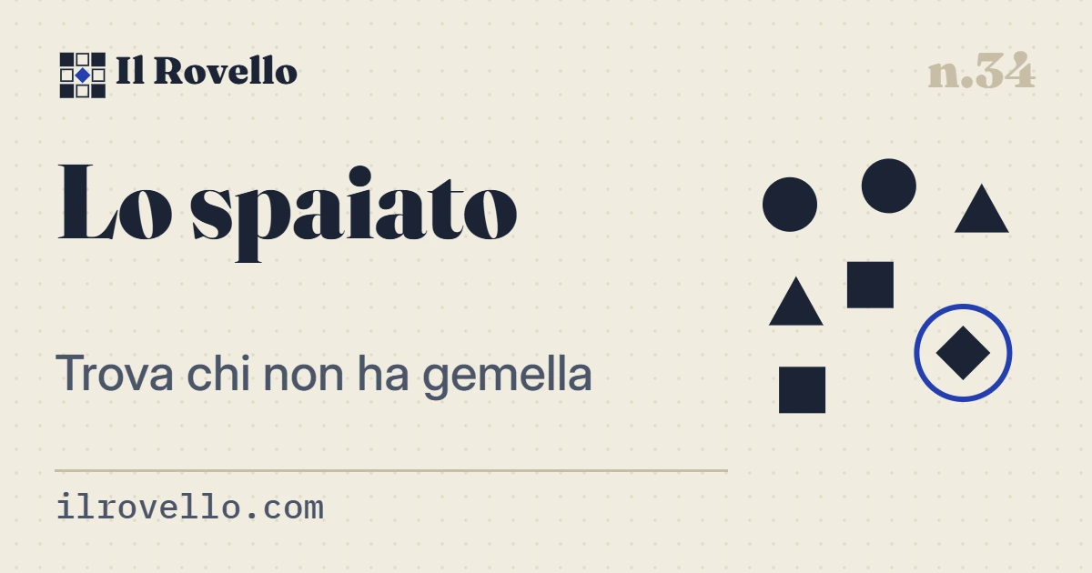 «Lo spaiato», gioco n.34 de Il Rovello: quindici figure colorate, sette coppie di gemelle e una spaiata da trovare.