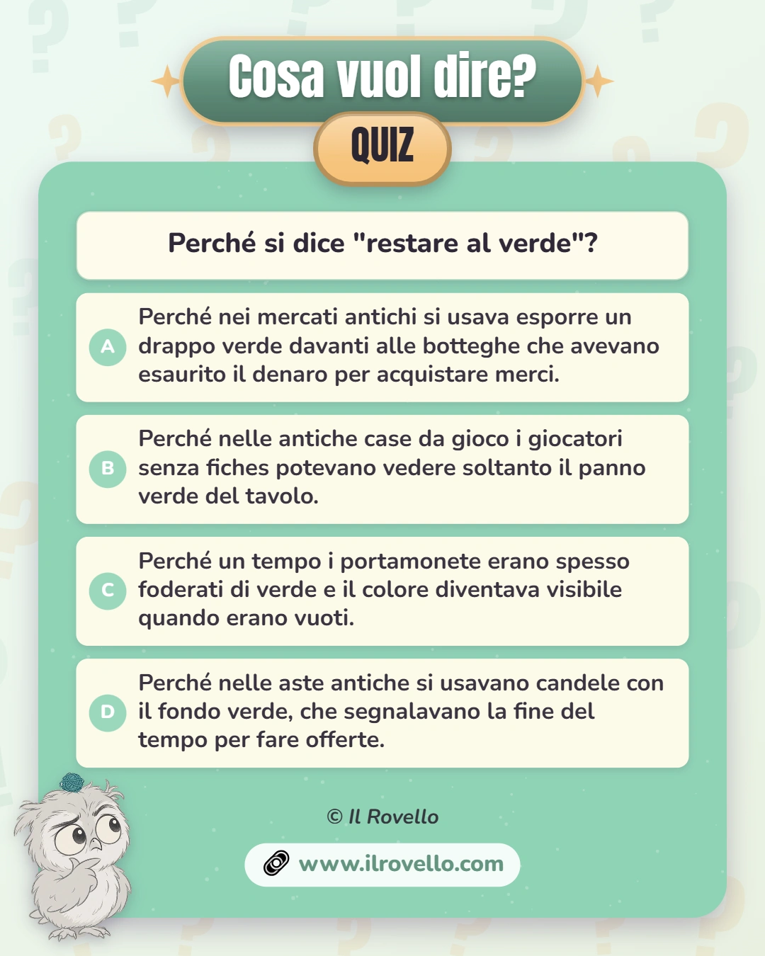 Riquadro con Cosa vuol dire Quiz. Domande e 4 risposte dalla A alla D