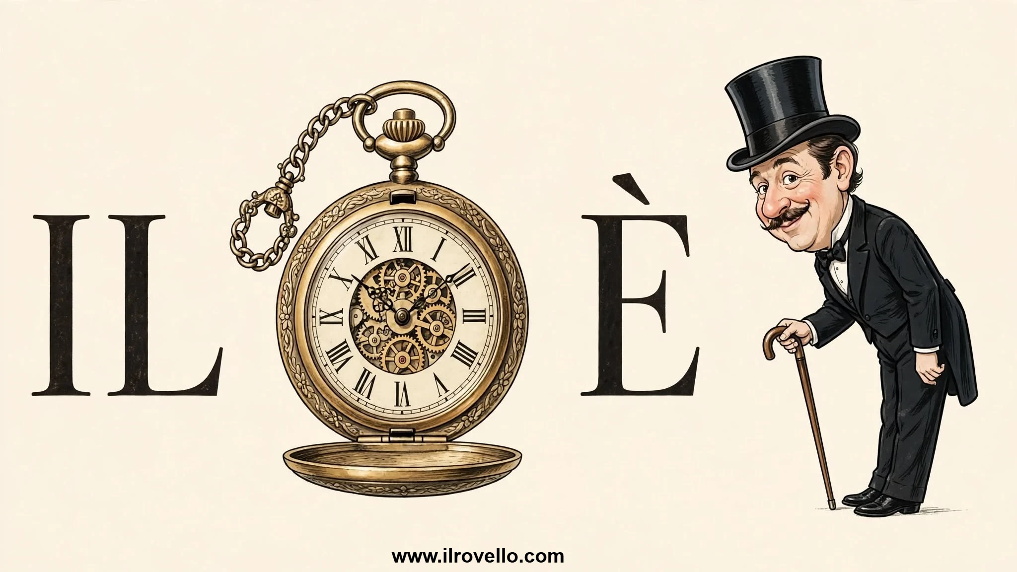 Un rebus: le lettere IL, un orologio da taschino aperto, la lettera È e un signore in frac con cilindro, baffi e bastone.
