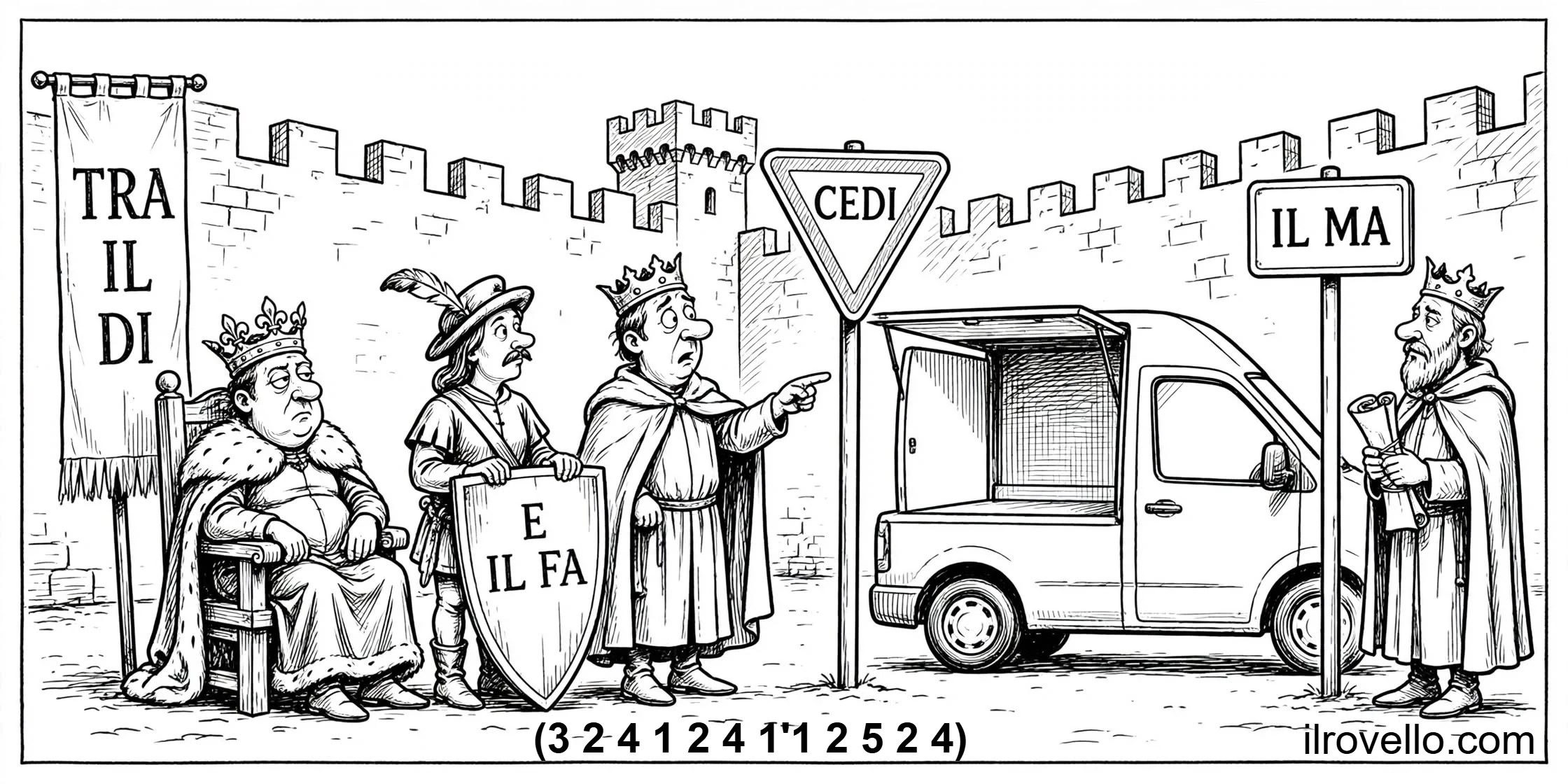 Vignetta in bianco e nero nel cortile di un castello. Da sinistra a destra: un gonfalone con la scritta TRA IL DI; un re seduto su un trono di legno con corona e manto; un araldo che regge uno scudo appoggiato a terra con dipinto E IL FA; un secondo re in piedi che indica con aria perplessa; un cartello stradale con la scritta CEDI; un furgone da consegne visto di profilo, con la fiancata liscia; un secondo cartello stradale con la scritta IL MA; un terzo re in piedi che tiene una pergamena arrotolata.