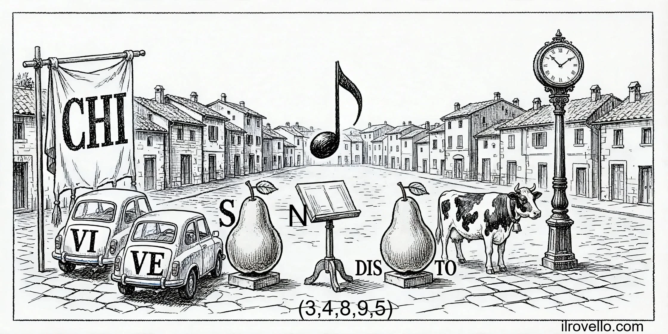 Vignetta in bianco e nero in una piazzetta di paese con case basse e pavimentazione a ciottoli. Da sinistra a destra: un gonfalone appeso a un’asta con la scritta CHI; due piccole automobili utilitarie ferme, con le targhe VI e VE; una grande pera su un basamento, con la lettera S a sinistra e la lettera N a destra; una nota musicale singola sospesa sopra un leggio di legno vuoto; una seconda grande pera su un basamento, con le lettere DIS a sinistra e TO a destra; una mucca pezzata in piedi con un campanello al collo; un alto orologio da piazza su palo di ghisa, con quadrante tondo e lancette.