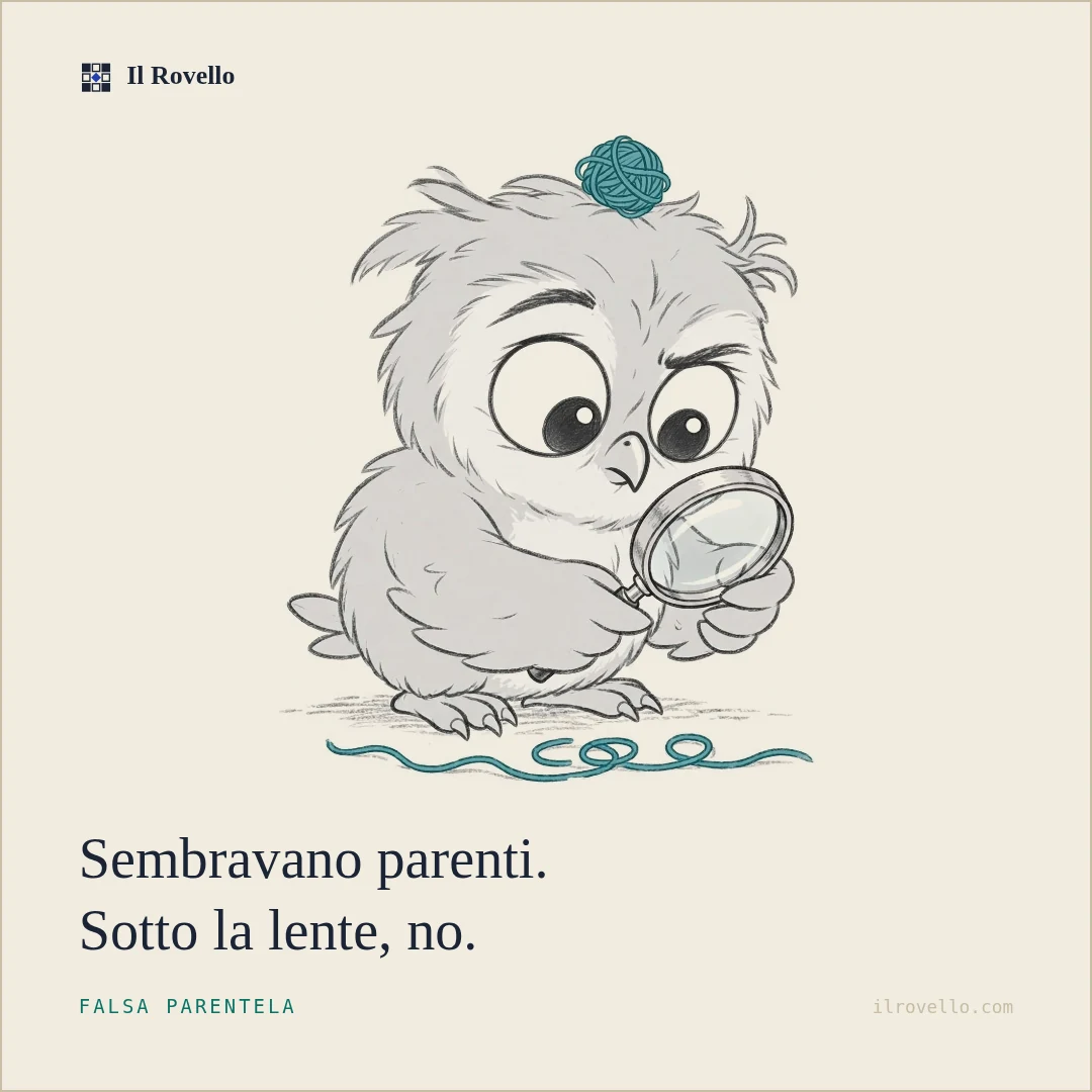 Rovello tiene una lente d’ingrandimento e osserva un filo di lana verde srotolato per terra, con aria dubbiosa. Il gomitolo che porta in testa è intatto.