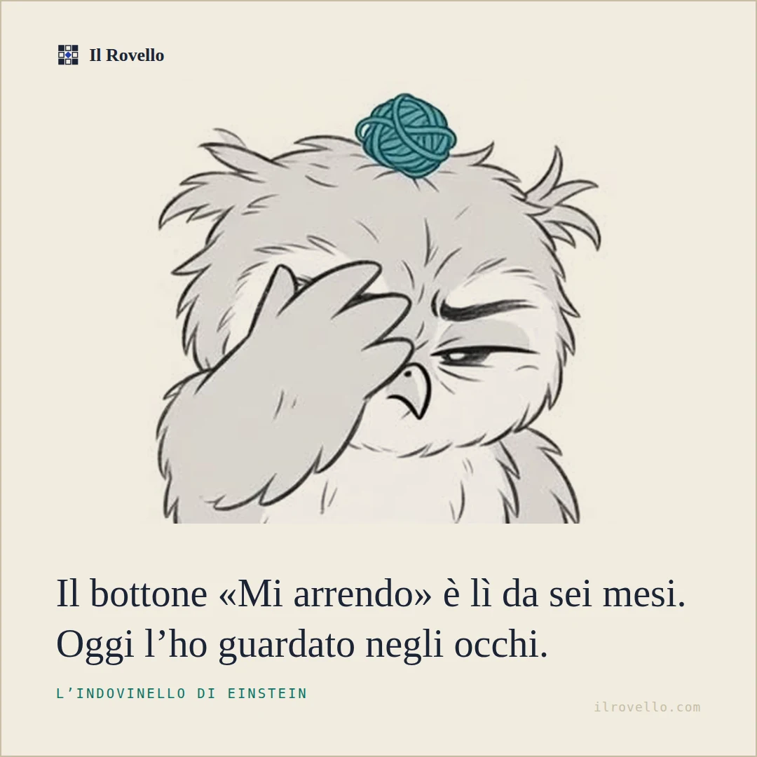 Rovello si copre metà del viso con un’ala, occhio socchiuso e sopracciglio abbassato, nella posa di chi si arrende all’evidenza. Il gomitolo verde gli sta in cima alla testa.
